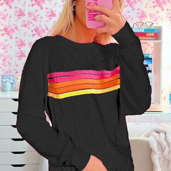 Black Striped Accent Pullover and Shorts Two Piece Casual Set - Picture 2 of 4